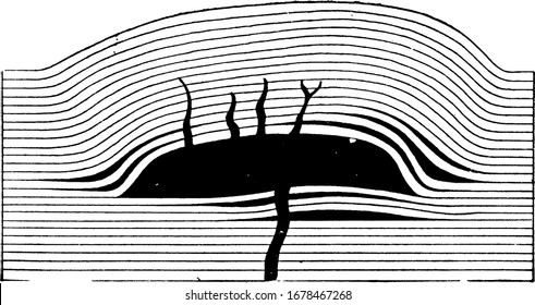 El lava se ha forzado no sólo a grietas verticales, sino también entre las capas de roca estratificada, se endurece y forma silos horizontales, dibujo vintage o ilustración grabadora.
