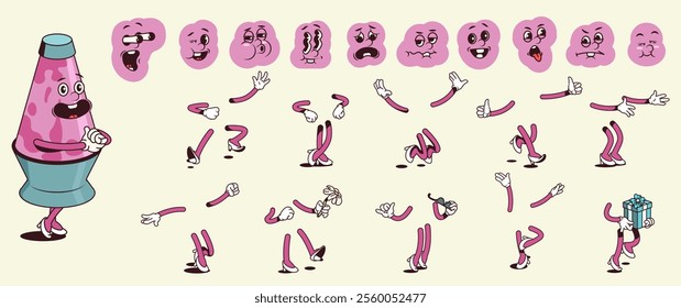 Lava lamp cartoon character with groovy comic faces set. Funny bubbles lamp mascot with bundle of happy, sad, smile and other facial emotions, legs and hands poses and gestures. Vector illustration.