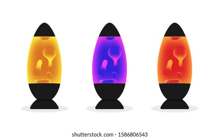 Lava lamp with colorful fluid bubbles. Set of retro lava lamps with luminous abstract shapes. Vector