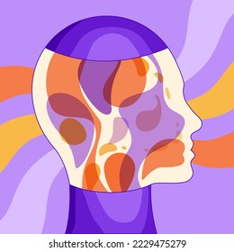 Lava lamp in human head silhouette. Swirl rays background. Groovy dynamic liquid inside a lamp head. Light of creativity, mental health, healing reflections concept. 1970 style. Vector illustration.