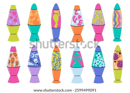 Lava Lamp Isolated with Magma Liquid Bubble Fluid Set. Groovy Y2K 90s Home Living Interior Decor. Vector Illustration