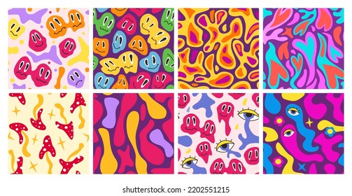 Lava lamp patterns. Retro melting faces, psychedelic bubble liquid, hearts and hippie mushrooms. vintage seamless vector background set of psychedelic melt pattern illustration