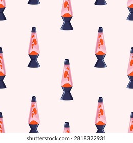 Lava lamps, seamless pattern. Modern retro style light decorations, endless background for wrapping paper, package design. Repeating print, texture. Printable colored flat vector illustration
