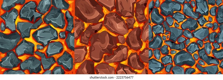 Lava, magma with stones in cartoon style seamless pattern background. Eruption effect, landscape. Texture, design