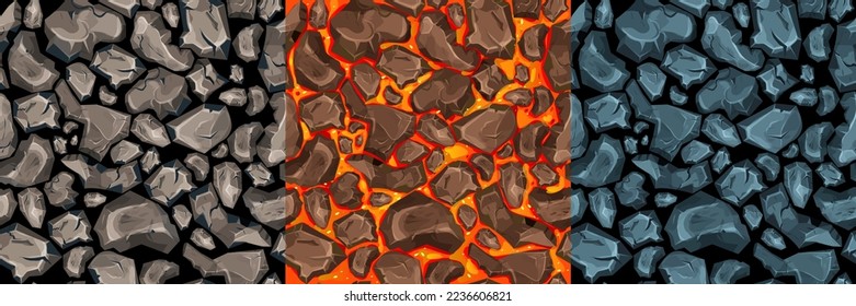 Lava, magma with stones in cartoon style seamless pattern background. Eruption effect, landscape. Texture, design