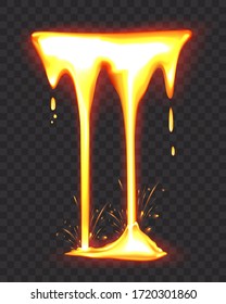 Lava or molten metal flowing. Effect liquid lava on transparent background. Vector realistic illustration