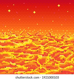 Lava pixel art. Lava in space. Art lava background. Hot Galaxy. Hell Galaxy. Pixel art game location. Cosmic area, someone lava planet surface.