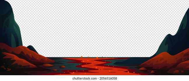Lava river, fantasy landscape with red fire river. Vector illustration in flat cartoon style