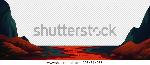 Lava river, fantasy landscape with\
red fire river. Vector illustration in flat cartoon\
style