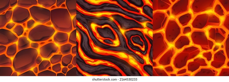 Lava seamless textures for game. Backgrounds of volcano eruption top view, abstract pattern with hot molten magma, stones, cracks, flowing liquid and incandescent rocks, Cartoon vector illustration