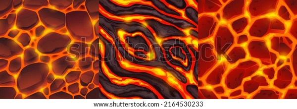 Lava seamless textures for game. Backgrounds\
of volcano eruption top view, abstract pattern with hot molten\
magma, stones, cracks, flowing liquid and incandescent rocks,\
Cartoon vector\
illustration