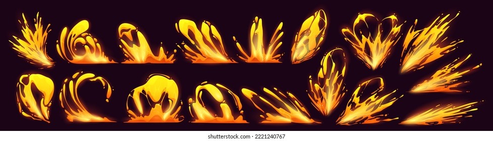 Lava splash, vfx game video effect. Cartoon 2d liquid fire drops, yellow flow and swirls design elements, explosion, burst, boom, spatter blast, drip or ripple dynamic animation motion, Vector set