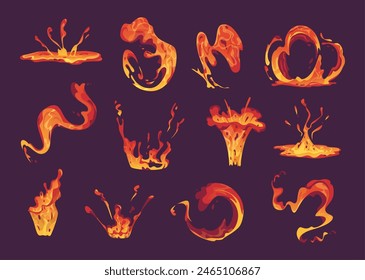 Salpicaduras de lava. Bulbos de líquido ardiente volcán que fluye lava Vector exacto dibujos animados amarillo Plantillas de animación