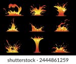 Lava splashes. Game effect. Dangerous liquid fire. Magma fountains. Hot volcano flows. Molten blobs. Fiery explosion. Volcanic eruption. Fluid flame blast. 2D design