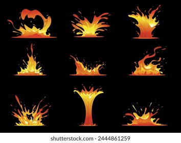 Lavaspritzer. Spieleffekt. Gefährliches Flüssigfeuer. Magma-Brunnen. Heißer Vulkan fließt. Geschmolzene Kleckse. Feurige Explosion. Vulkanausbruch. Flüssige Flammenexplosion. 2D-Design