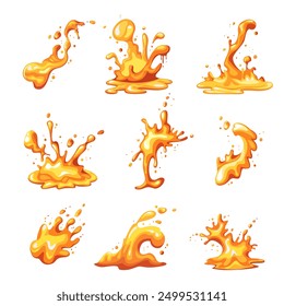 lava splashes. yellow boom dynamic explosion animation flash, game video effect, cartoon liquid magma drops. vector game ui items isolated on white background.