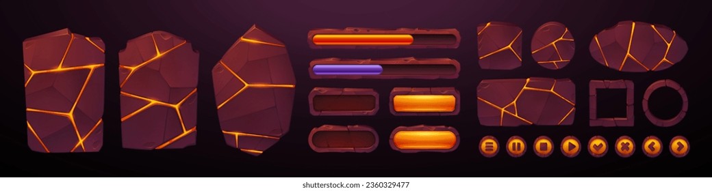 Lava stone ui game frame and volcanic button vector. Volcano eruption board with magma texture and fire for gui app interface. Blank loading and progress bar isolated rock menu element with crack