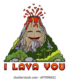 I lava you, pun card with a smiling volcano and hearts, vector illustration