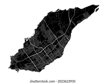Laval map. Detailed vector map of Laval city administrative area. Cityscape poster metropolitan aria view. Black land with white streets, roads and avenues. White background.
