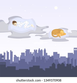 lavander girl and her dog is sleeping on the pillows flying under perple night moonlight city