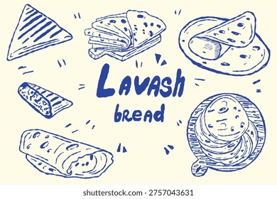 Lavash bread set with flatbread and wraps in hand drawn style
