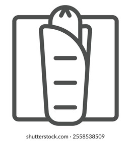Lavash dough with sausage on napkin line icon, grocery food concept. Vector graphics. Meat snack sign on white background, outline style icon for mobile or web design