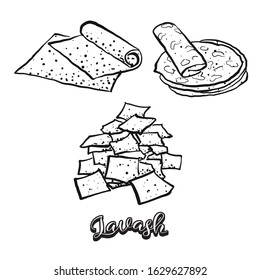 Lavash food sketch separated on white. Vector drawing of Flatbread, usually known in Armenia. Food illustration series.