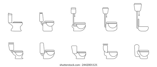 Icono de línea de tazón de baño conjunto de vectores. Logotipo de inodoro. Sencillo y elegante aseo lineal. Muebles para el cuarto de baño vectorial. Símbolo de inodoro. Ilustración vectorial.