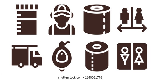 lavatory icon set. 8 filled lavatory icons. Included Plumber, Urine, Urinal, Toilet paper, Wc icons