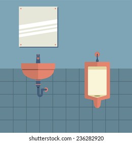Lavatory With Mirror Beside Urinal Vector Illustration