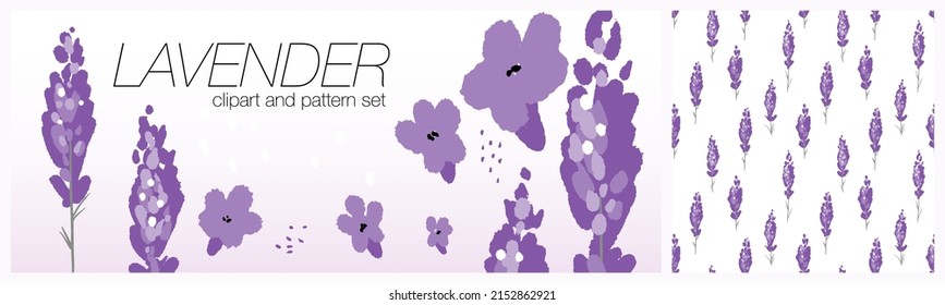 Lavender abstract clipart and simple seamless pattern set. Isolated vestor graphic under mask.