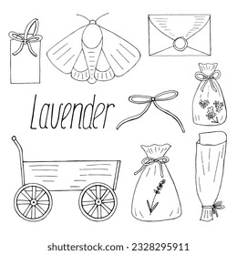 Lavender aesthetic set, vector floral hand drawn black doodle isolated elements for design on white background, lavender sachets, moth, cart, envelope