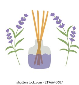 Lavender aroma sticks in a bottle. Lavender blossom around. Flat vector illustration.