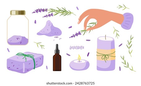 Aromaterapia de lavanda. Productos de spa de lavanda, sal de baño aromática, jabón, botella de aceite, hierba de lavanda, velas. Vector aislado sobre fondo blanco para el bienestar, masaje, salón de spa, concepto de spa en casa