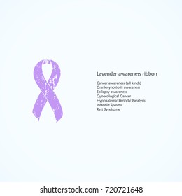 Lavender Awareness Ribbon. Painted. Craniosynostosis, Epilepsy, Gynecological Cancer, Hypokalemic Periodic Paralysis, Infantile Spasms, Rett Syndrome. List of meanings, symbol, name of color. svg