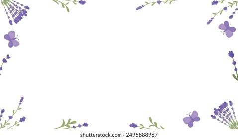 Lavender background. Frame pattern of lavender flowers and leaves on white background. Floral composition and design. Frame with place for text. Vector template for greeting card, banner, poster.