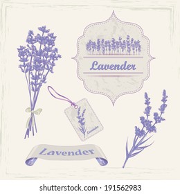 Lavender background, product labels. Business or invitation card, flyer design, packaging design. Vector illustration.