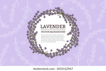 Lavendelhintergrund mit Blumenstrauß und leerem Rahmen für Text, handgezeichnete Vektorgrafik. Banner- oder Etikettendesign für Lavendelprodukte und Einladungen.