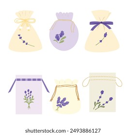 Bolsas de lavanda y bolsita textil con cintas. Juego de bolsas de lavanda. Plantilla para belleza, spa, cosméticos, tarjetas, embalaje. Ilustración vectorial plana aislada sobre fondo blanco.