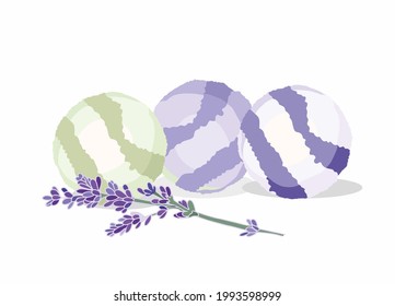 Lavender Bath Balls With Lavender Flowers. Bath Bomb Lavender.
Purple Geyser For Bath, Trend Of Modern Bathroom, Bomb Logo Of Natural Cosmetics, Relax. Vector Illustration.