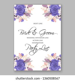 Lavender blue Rose wedding invitation card template peony ranunculus vector background for baby shower bridal shower invitation Winter floral pattern