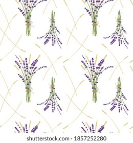 Lavender bouquet ans wheat pattern, white background