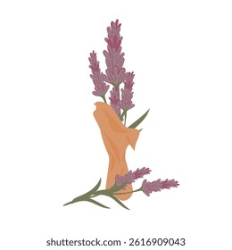 Lavender bouquet in craft paper on white background. Simple flat vector illustration isolated on white background in warm natural colors. Trendy design with hand drawn art. Clipart for any design.