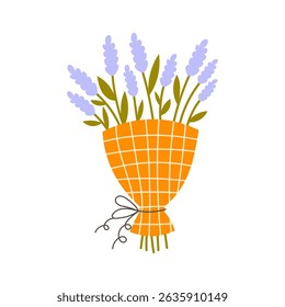 Lavender Bouquet Flat illustration. Hand drawn scented florals in checkered wrapping paper. Vector modern minimal gift greeting card element