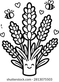 Lavender bouquet with happy face pot and flying bees line art illustration on white background