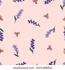 Lavender bouquet and ribbon seamless pattern for the spring or summer season. Purple flowers botanical with bow for fabric, scrapbooking, stationery, cards, wrapping, textiles and wallpaper.