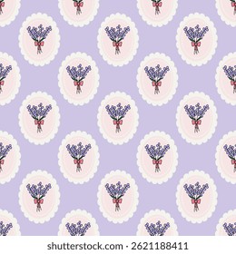 Lavender bouquet and ribbon seamless pattern for the spring or summer season. Purple flowers botanical with bow for fabric, scrapbooking, stationery, cards, wrapping, textiles and wallpaper.