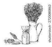 Lavender bouquet in rustic jug, scented sachet potpourri striped bag, single lavandula flowers. Isolated illustration hand drawn in vector ink. Florist packaging, rustic label, shelf interior decor