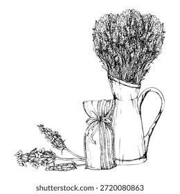 Lavender bouquet in rustic jug, scented sachet potpourri striped bag, single lavandula flowers. Isolated illustration hand drawn in vector ink. Florist packaging, rustic label, shelf interior decor