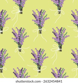 Bouquet de lavanda padrão sem costura. Desenhos botânicos nas cores lilás e verde. Composições florais com arcos brancos. Plantas para cartão postal decorado, convite.Vetor imprimir em tecido e papel. 